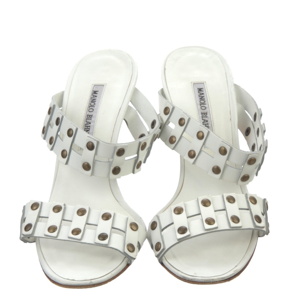 Manolo Blahnik Bulgaro Sandals/ Slides size 38 1/2 GUC white with metal …